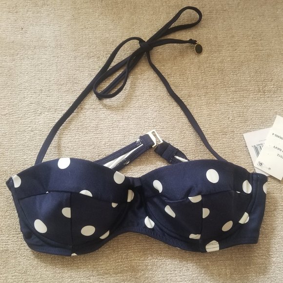 NWT Kate Spade Bolsa Chica Navy Polka Dot Halter Retro Bikini Top S - Picture 3 of 4